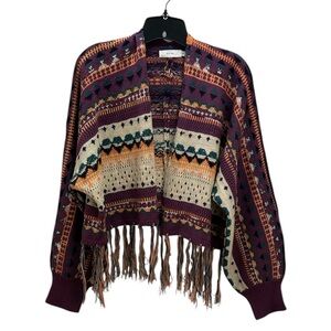 Knit Mix Pattern Fringe Hem Colorful Loose Knit Open Cardigan S Lightweight Boho